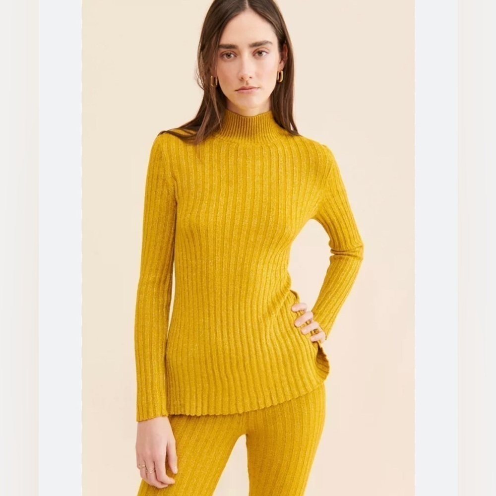 Urban Outfitters chartreuse sparkle Una Knit Tie-Back rib knit mock neck sweater